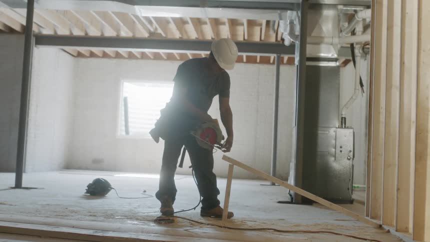 A construction worker cuts lumber with a saw
