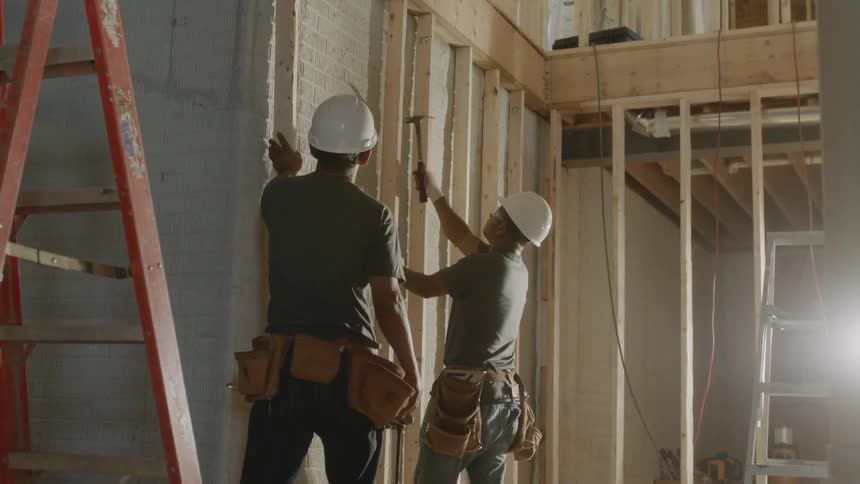 Men work at a construction site