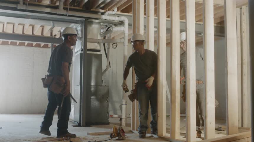 Constructions workers talk and work together