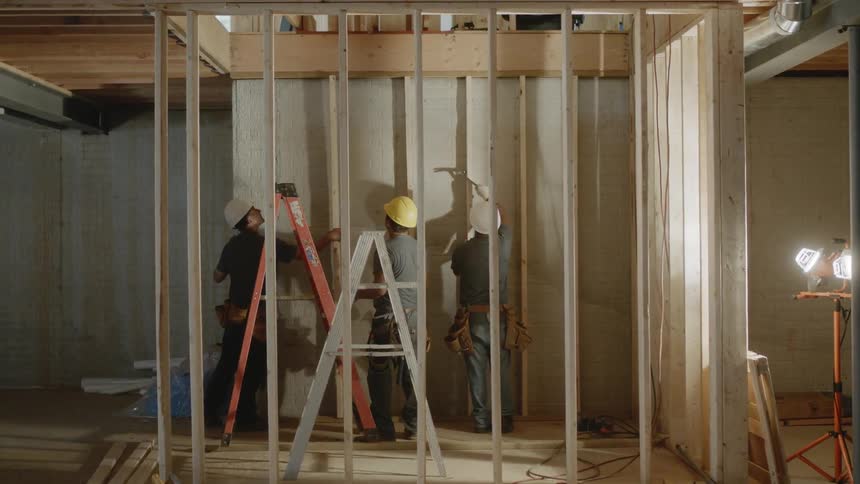 Several people work in a basement