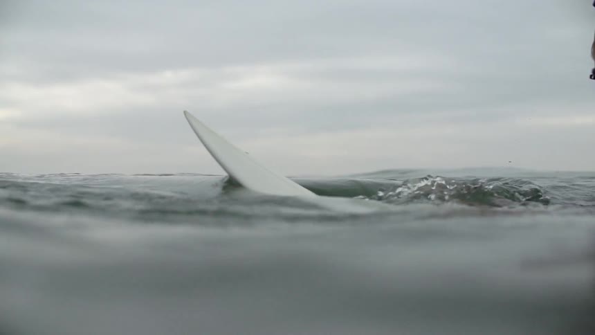 A surfboard moves through the water