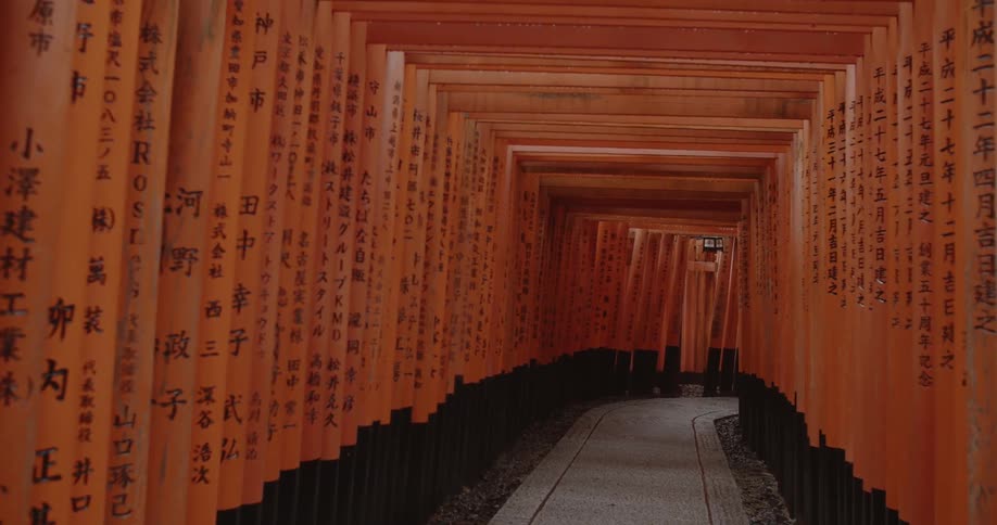 A stone walkway is covered by red gates with asian characters