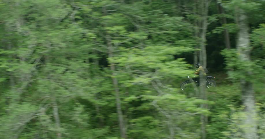 A motorcyclist rides through a forest