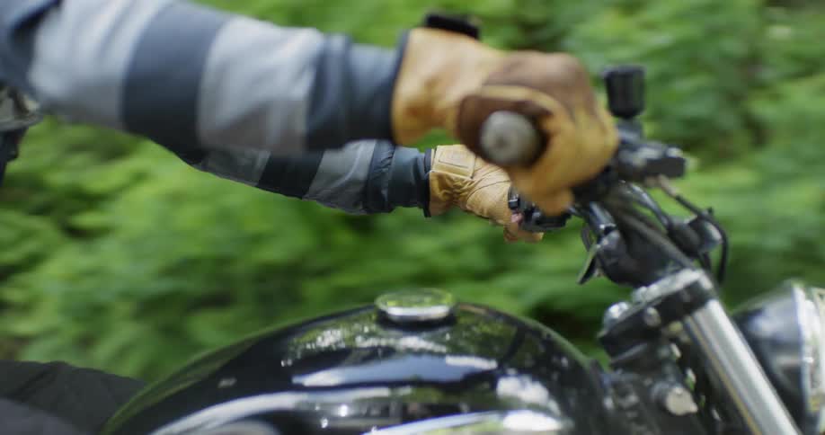 A motorcyclist rides in a forest