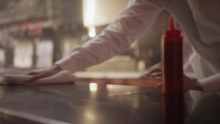 An employee cleans a restaurant counter