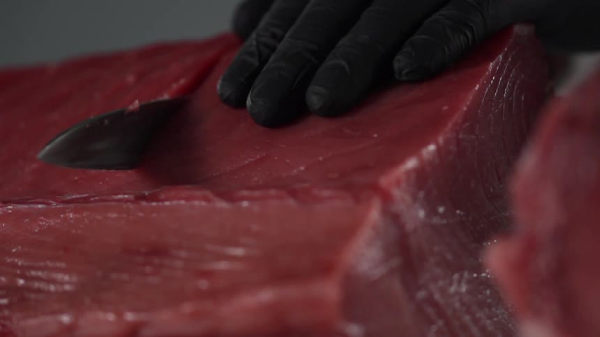 A person wearing a glove slices through fresh tuna