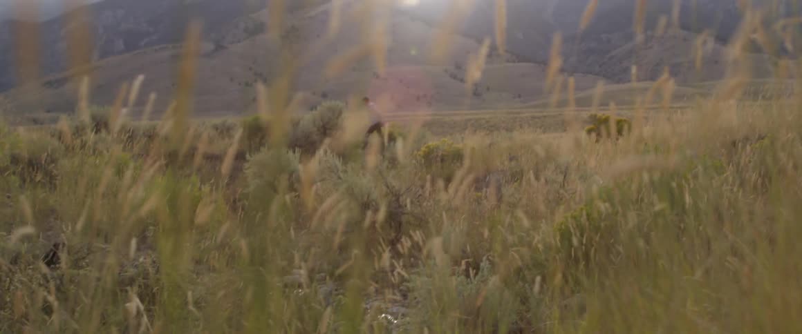 A man is jumping as he hikes through a field in a natural setting in daylight