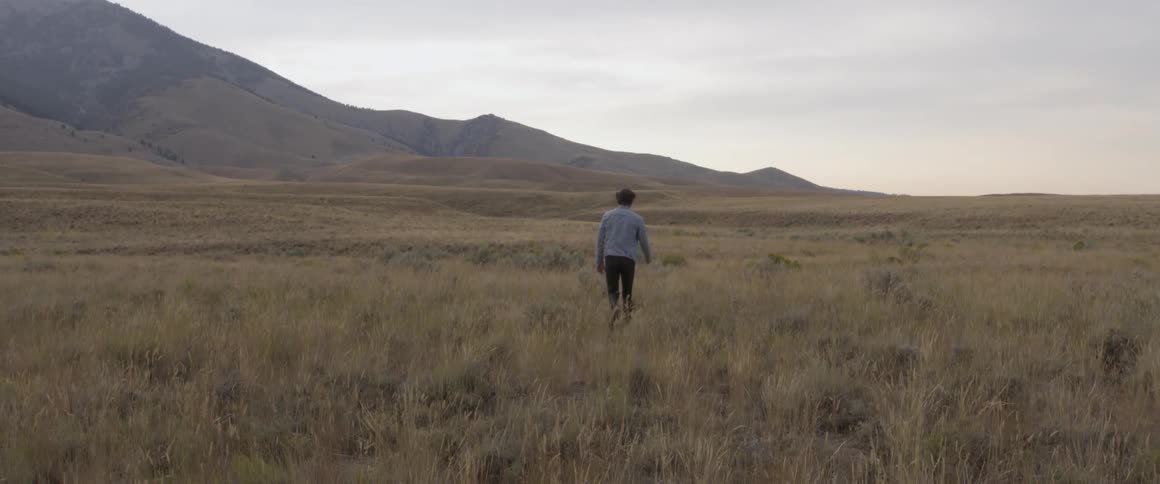 Man is walking through dry field in wilderness on cloudy day