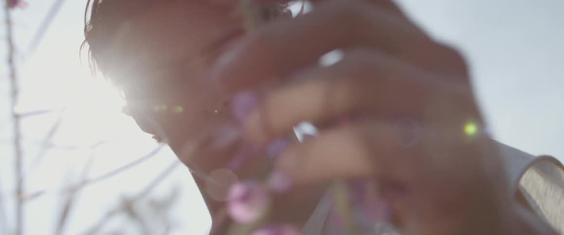 Man walks through purple lilacs and touches them