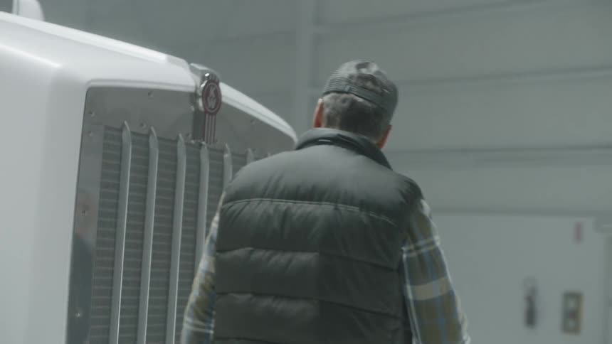 Man is walking around and inspecting white semi truck in warehouse