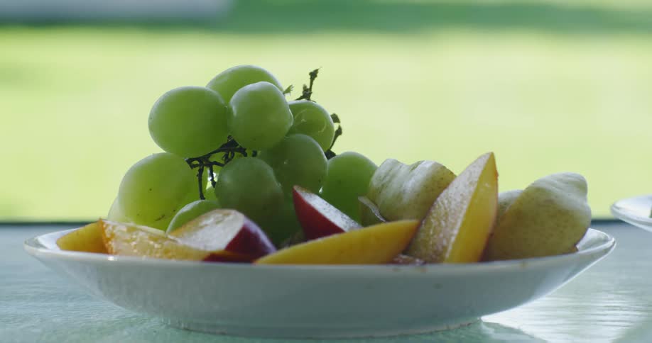 The plate is covered with fruit