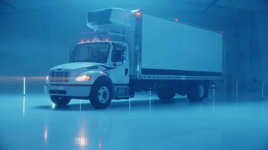 Semi truck parked in a large garage illuminated with blue lights
