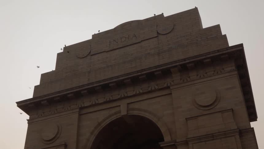 Birds are flying around a the india gate war memorial on a cloudy day