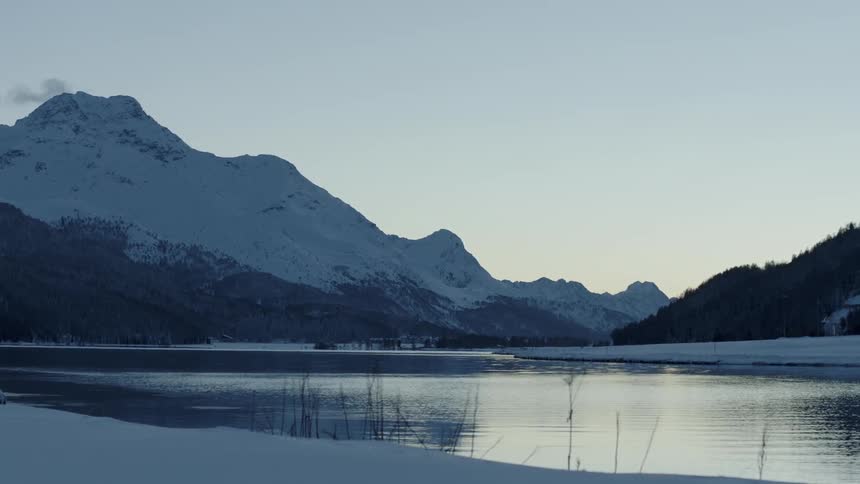 Snowy mountains surround a lake