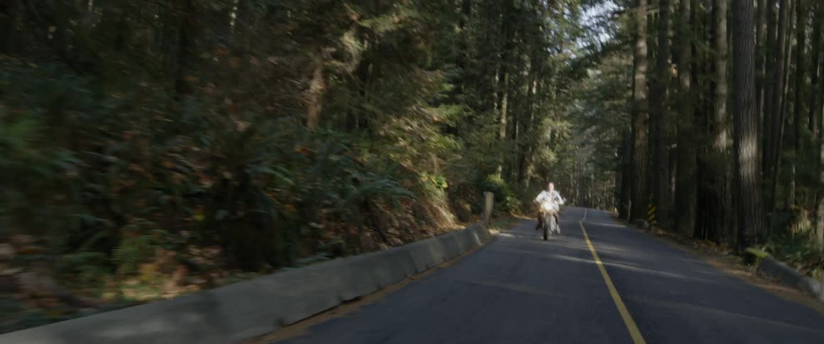 A motorcyclist rides on a forest road