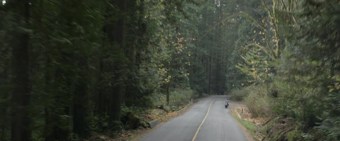 A motorcycle pulls over onto the shoulder of a rural road