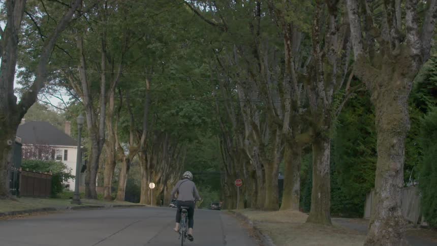 A person rides a bike down a shady street