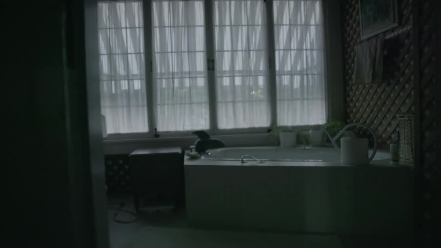 A bathtub sits in front of a window