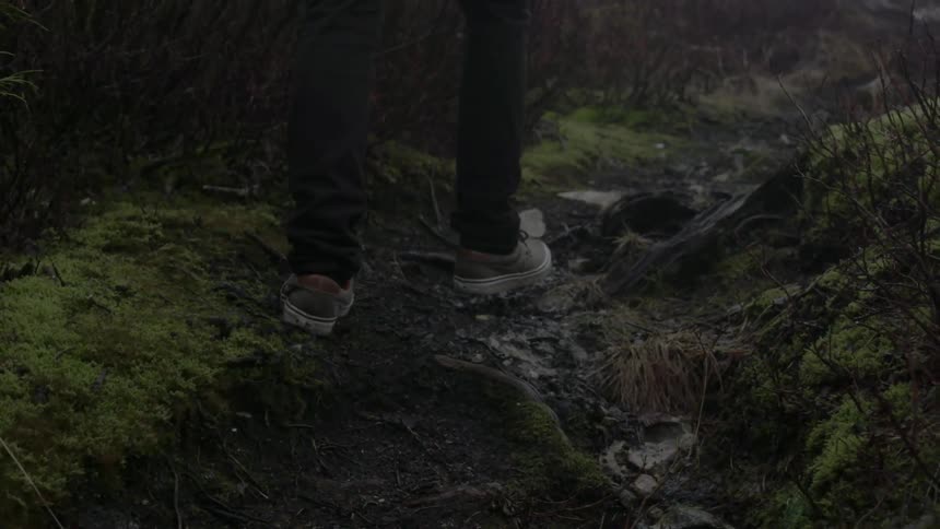 Person walking through bumpy rutted woods