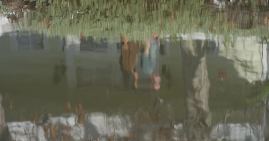 Reflection in water of man and woman walking outside on sunny day