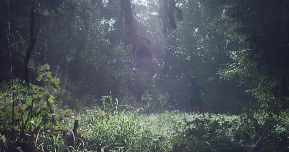 An athlete is jogging through a forest in daylight