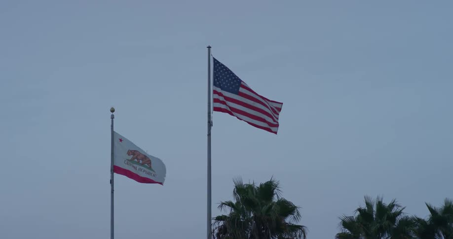 The flags blow in the wind of the clear sky