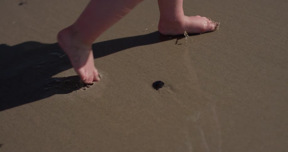 A young girl and man walk on the wet sand
