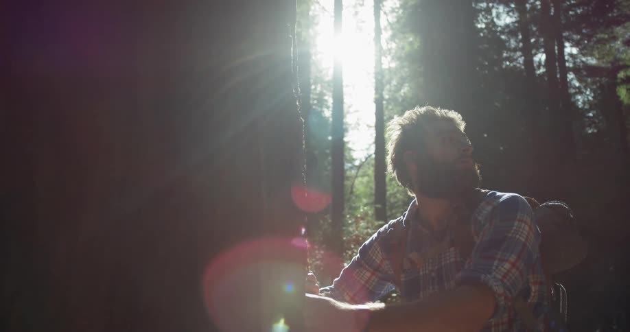 Man with backpack looks around forest