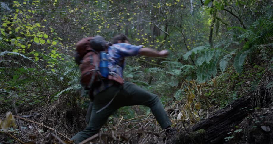 Man gently steps across ditch in forest