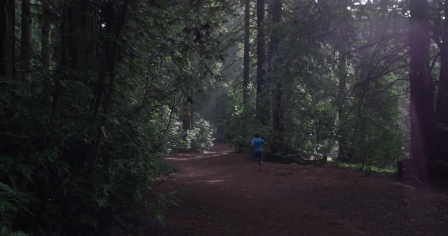 A man jogs on a dirt path in the forest