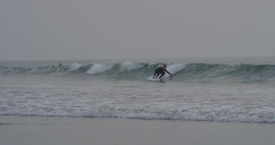 A surfer rides an ocean wave