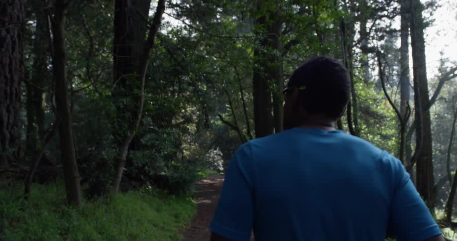 A man jogs in a forest