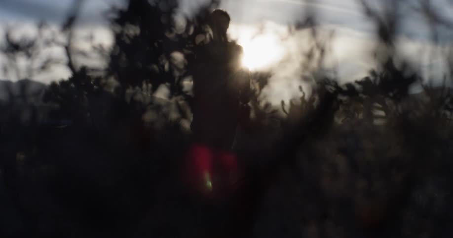 The person is walking from the setting sun