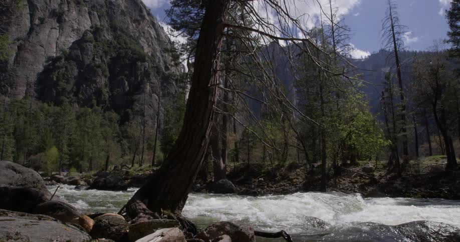 The stream is going fast past the mountain