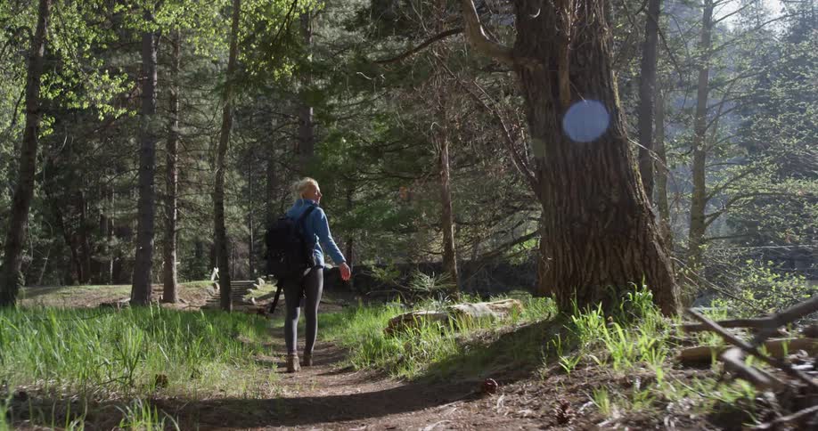 A woman is hiking in the forest