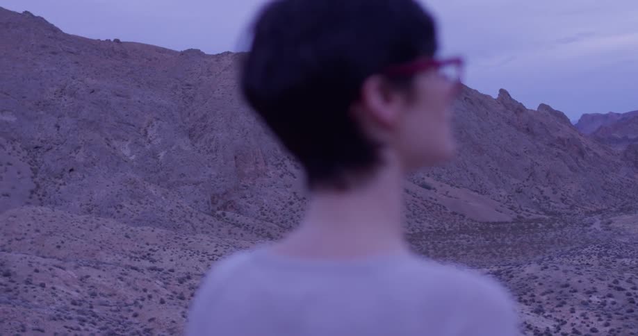 A woman stands in a desert at dusk