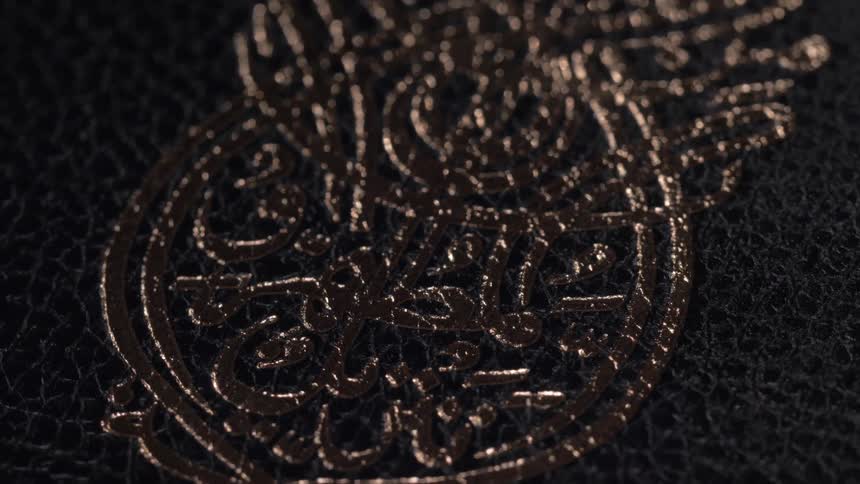 A gold colored design on the leather cover of a book