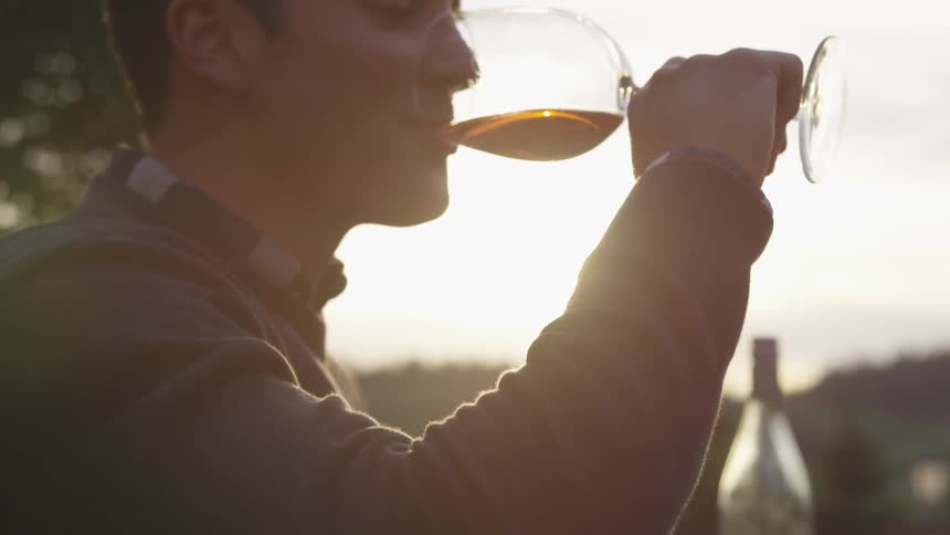 The man drinks wine on a cloudy day