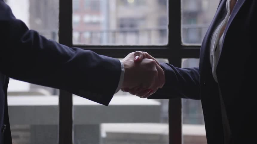 Two business professionals shake hands in front of a window