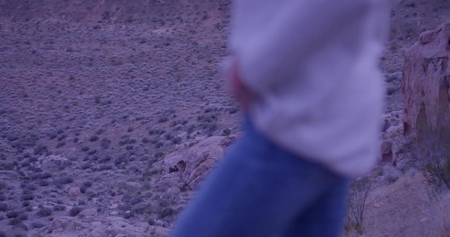 Woman stands outside on a hilltop overlooking flat desert land
