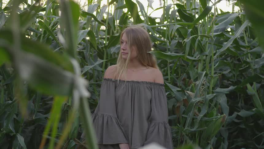 Woman with long hair stands in a corn field