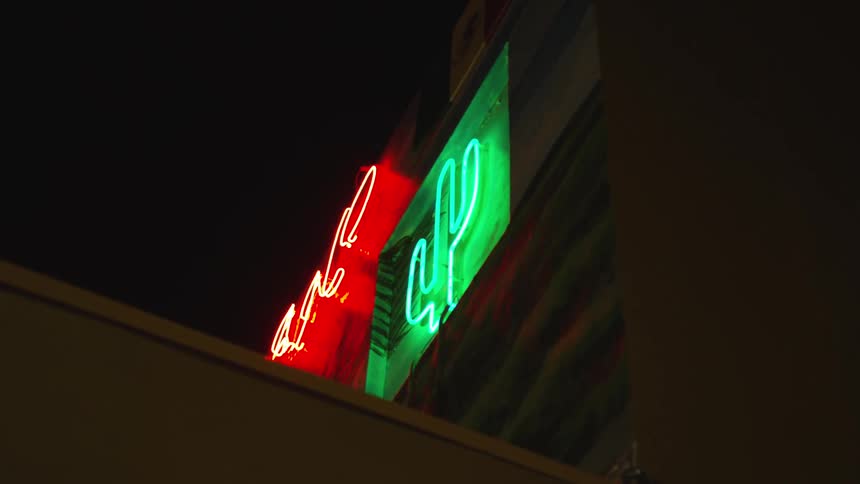 Red and green neon sign lit up at night