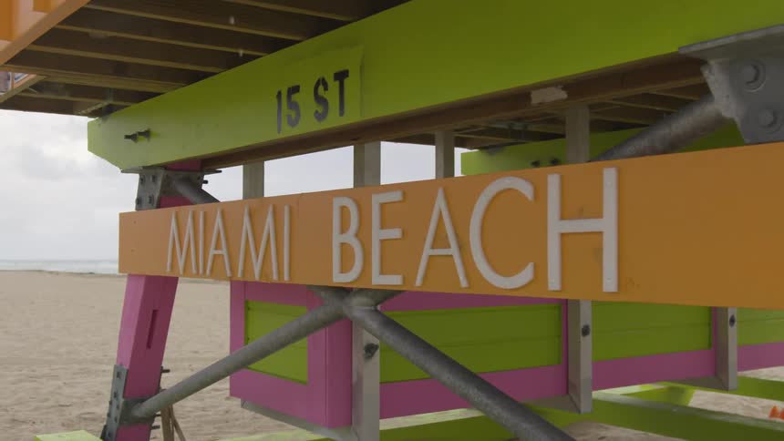 The sign on the lifeguard stand reads Miami beach