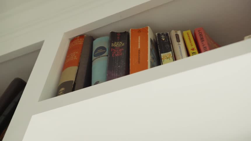 Books on a white shelf in a brightly lit room