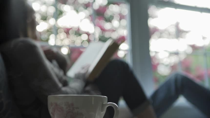 Woman sits on a couch next to a window reading a book