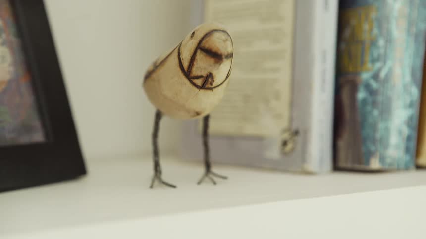 A bird figurine on a white book shelf