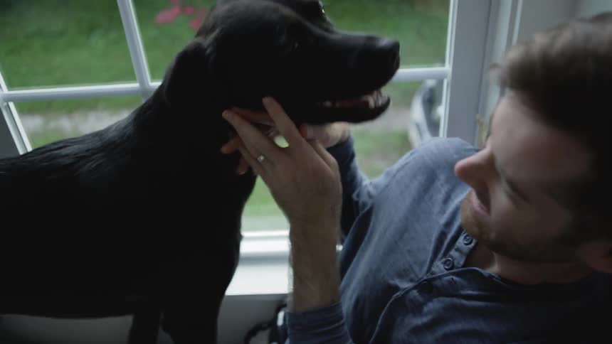 The dog licks the man and gets some pets