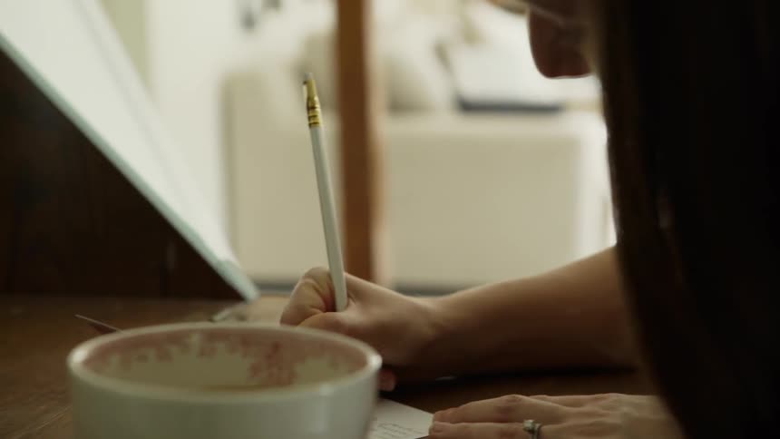 A woman writes on a postcard
