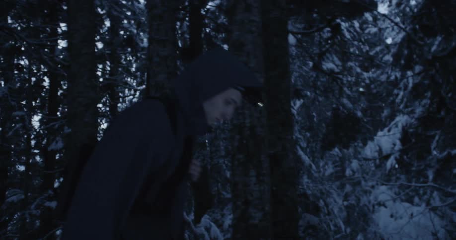 A man hikes in a snowy forest