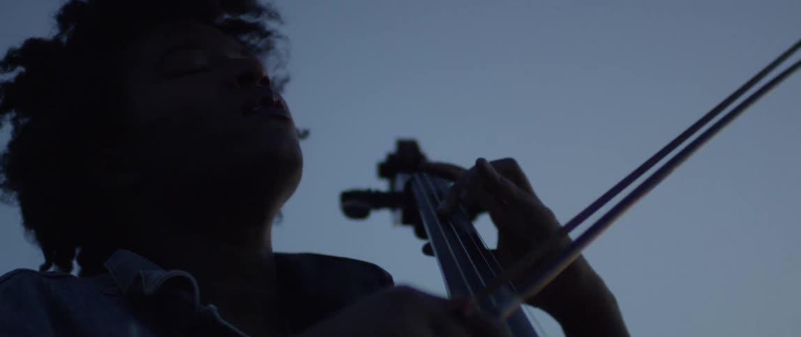 Cellist Playing By Lake At Sunset